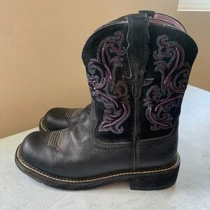 Ariat Womens 10B Black Leather Western Boots Embroidered Square Toe Cowboy Boot